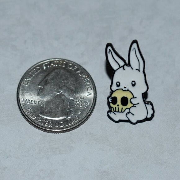 Cute Little Bunny Rabbit With Skull Goth Enamel Pin - Picture 2 of 2